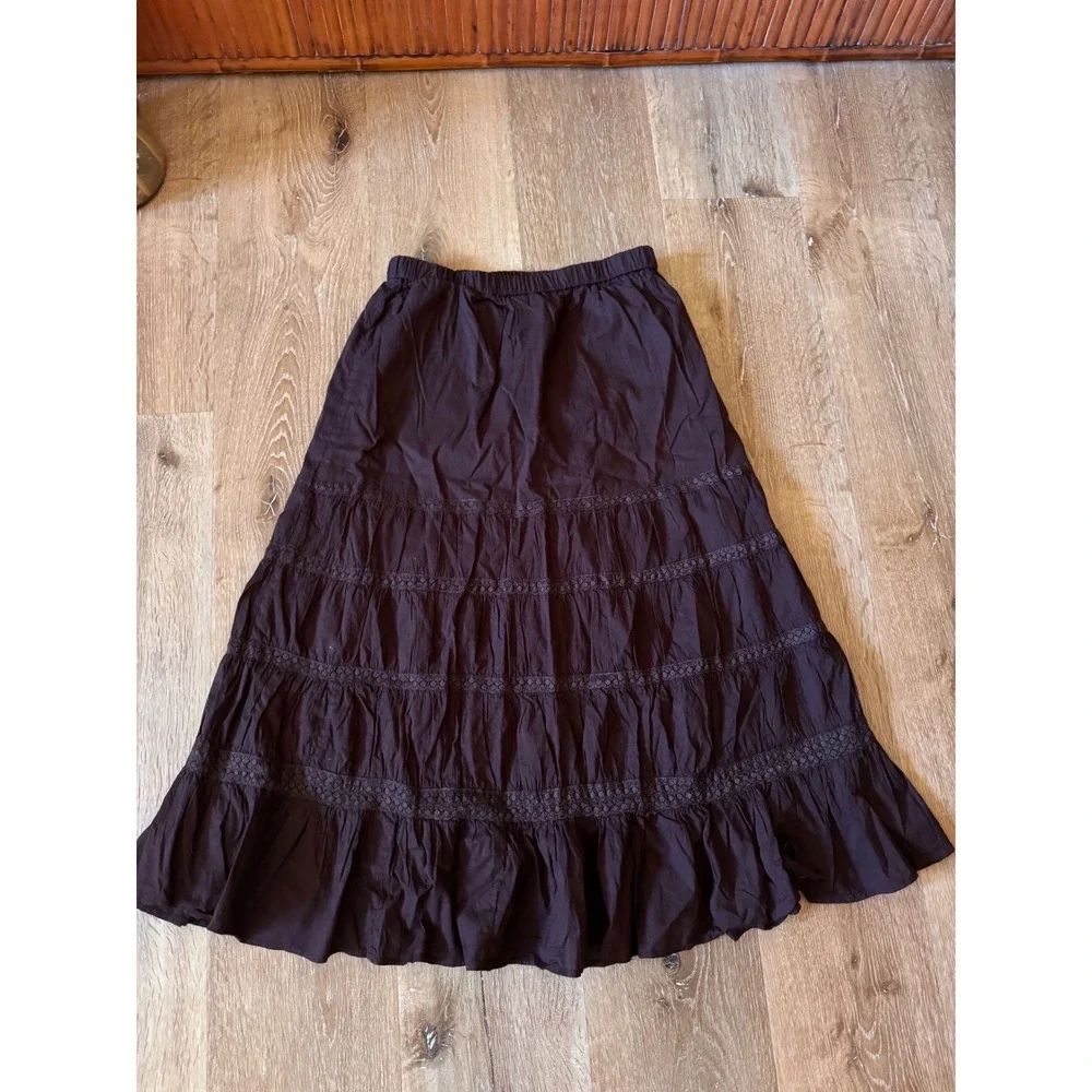 Rampage Vintage Brown Tiered Maxi Skirt Cotton Crochet Size Large